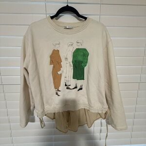 Zara Cream Crewneck Sweatshirt with Green & Brown Illustration